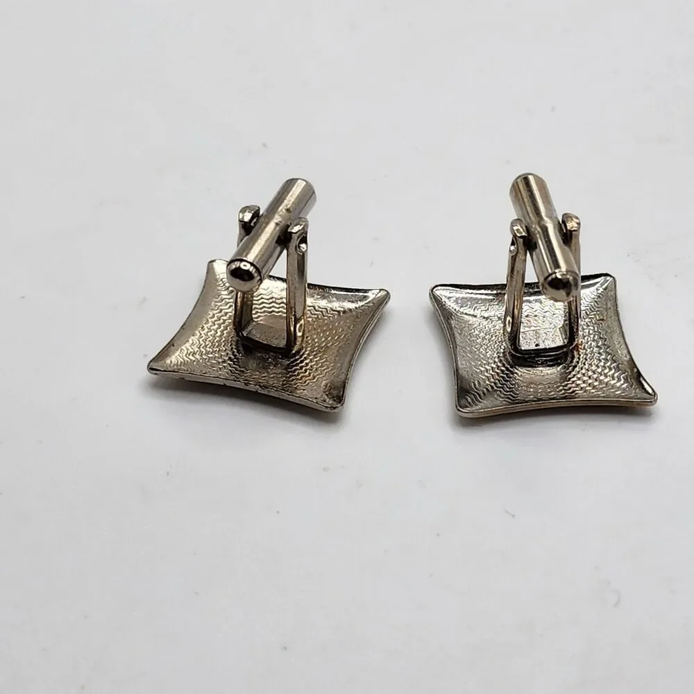 Vintage Silver Tone Floral Square Cuff Links Decorative Swirl Motif Not Engraved